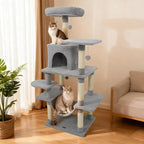 DORTALA Cat Tree for Indoor Cats, 58" Tall Cat Tower with Top Perch, Condo, Hammock, Sisal Scratching Posts, 3 Dangling Balls, Platforms, Multi-Level Pet Climbing Furniture Playground (Light Grey)