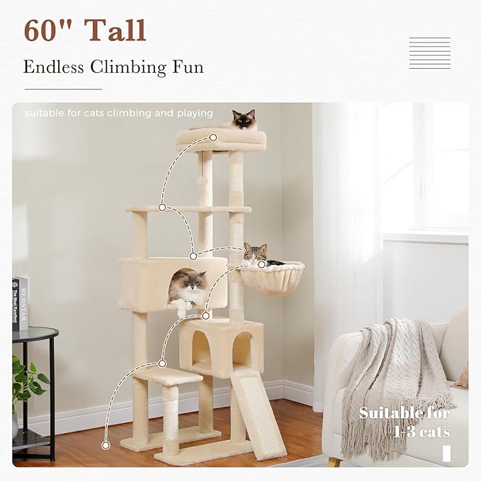 PEQULTI 60'' Cat Tree, Tall Cat Tower with 2 Large Condos, Wide Top Perch, Cozy Hammock and Sisal Scratching Posts for Indoor Cats Lare Adult Beige