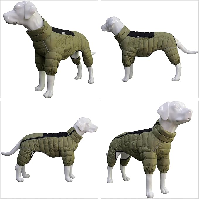 Olive Green Dog Jacket, 4 Legs Covered Waterproof Windproof Reflective Warm Vest, Zippered Adjustable Outdoor Snow Jacket for Small to Large Dogs XL