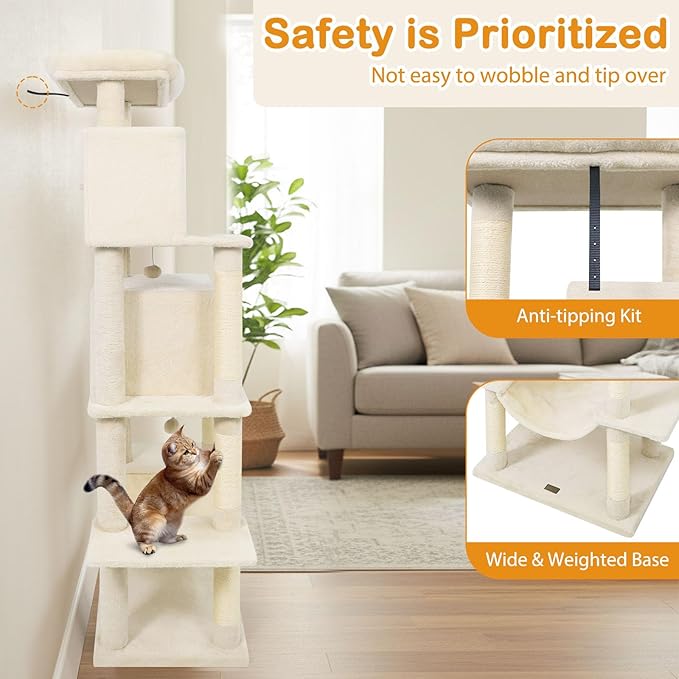 Tangkula 70 Inch Tall Cat Tree, Multi-Level Large Cat Tower with Sisal Scratching Posts, Plush Top Perch, 2 Condos, Hammock, 2 Dangling Balls, Cat Tree Tower for Indoor Cats Large Adults (Beige)