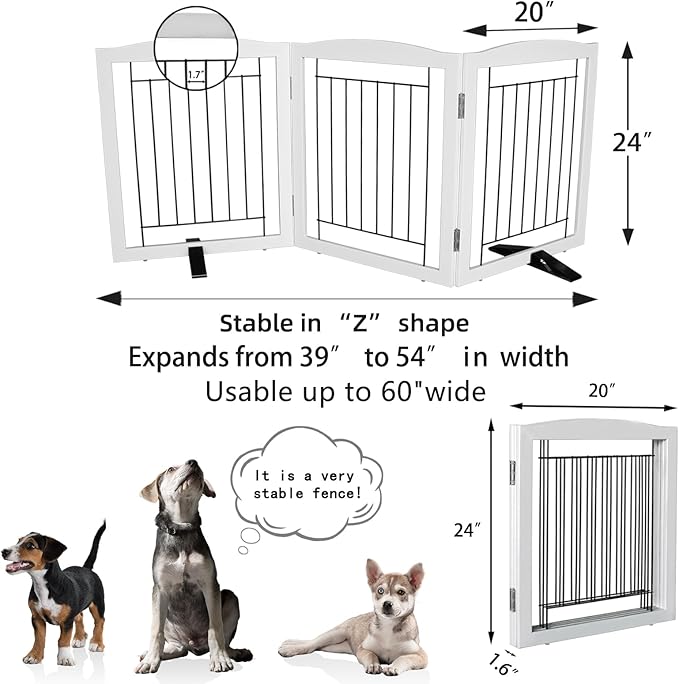 Dog Fence Indoor,Dog Gate Indoor for Doorway pet gate -3-Panel Freestanding, Hallways, House or Stairs -60x24-Inch Retractable Foldable Expandable Wood Pet by SFJC (White) ﻿ ﻿