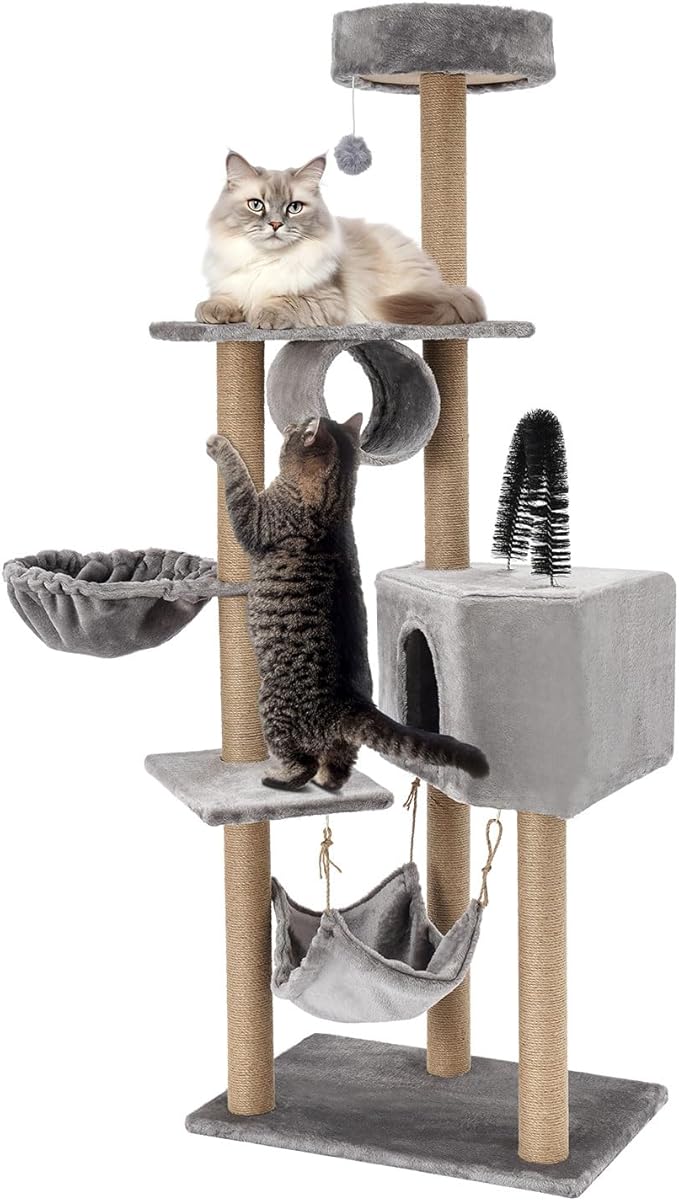 Cat Tree, W23.6*D15.7*H63in Cat Climbing Tower for Indoor Cats, Multi-Layer Cat Condo with Cat House, Hammock, Jumping Platforms, Scratching Posts, Holds 7.5kg/16.5lbs (Grey)