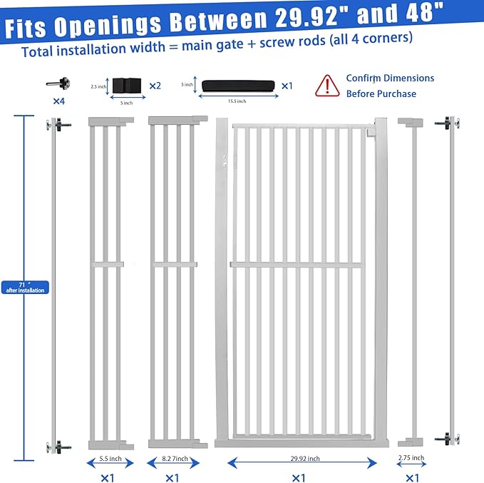 71 Inch Extra Tall Pet Gate for Cats, 29.5-48" Adjustable Wide Dog Gates, Pressure Mounted Walk Through Tall Cat Gate for Doorways,Hallway,Stairs,House（White）