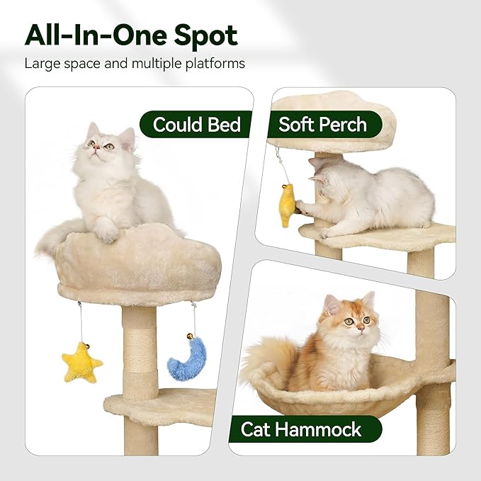 43-Inch Cat Tree,Cute Cloud Cat Tree for Kittens & Small Cats Under 6 Months 9lbs, Cat Tower with Scratching Post, Double Condos, Plush Hammock & Dangling Toys, Beige