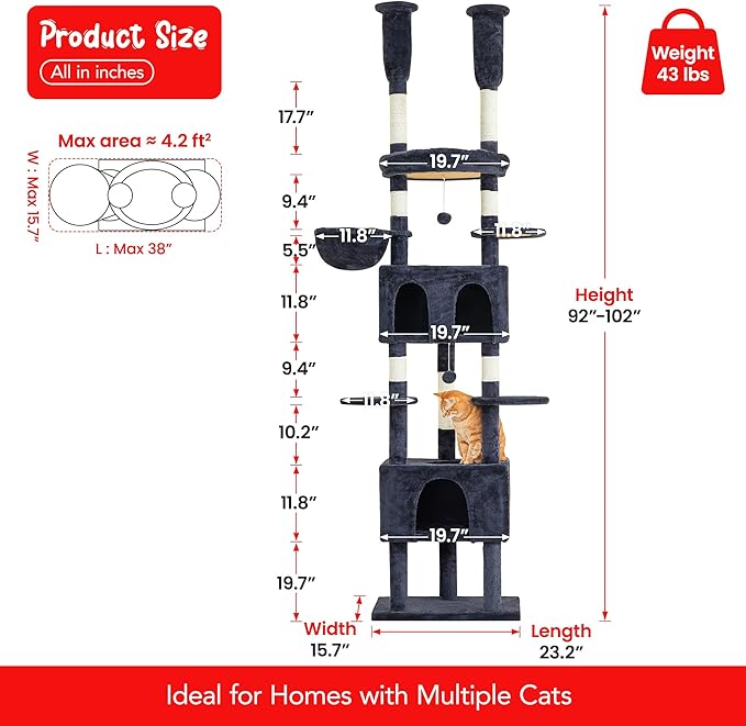 Cat Tree, Floor to Ceiling Cat Tower Adjustable Height [92-102 in=235-257cm], 8 Tiers Cat Climbing Play House with Scratching Post, 2 Cozy Condos&Hammocks for Indoor Cats, Smoky Grey