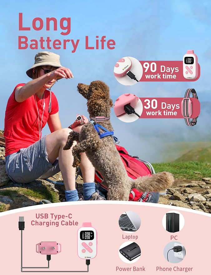 2-in-1 Bark and Shock Collar for Dogs, Smart Anti Barking Dog Training Collar with 5 Adjustable Sensitivity, Automatic Bark Collar with Remote, Vibration, Beep, Shock and Automatic (Pink)