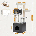 PETEPELA Cat Tree with Litter Box Enclosure, 2-in-1 Wood Cat Tower for Indoor Large Cats, 57.5'' Cat Condo with Scratching Posts, Cozy Hammock and Repalcable Dangling Balls, Black