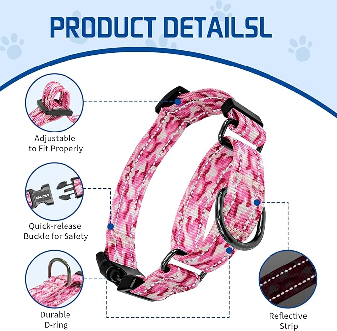 Kazazoo Reflective Martingale Collar for Dogs with Quick Release Buckle Adjustable Soft Durable Dog Collar for Small Medium Large No Pull Training Dog Collars-Pink Camo L