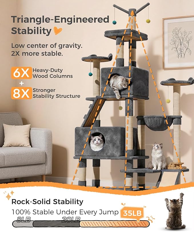 Catlike Rock-Solid 76" Tall Cat Tree Tower for Indoor Cats Large Adult, Heavy Duty Multi-Level Large Cat Tree with Sisal Scratching Posts, Perches, Cat Condos, Hammock Baskets, Cat Tower Charcoal Grey