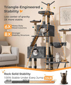 Catlike Rock-Solid 76" Tall Cat Tree Tower for Indoor Cats Large Adult, Heavy Duty Multi-Level Large Cat Tree with Sisal Scratching Posts, Perches, Cat Condos, Hammock Baskets, Cat Tower Charcoal Grey
