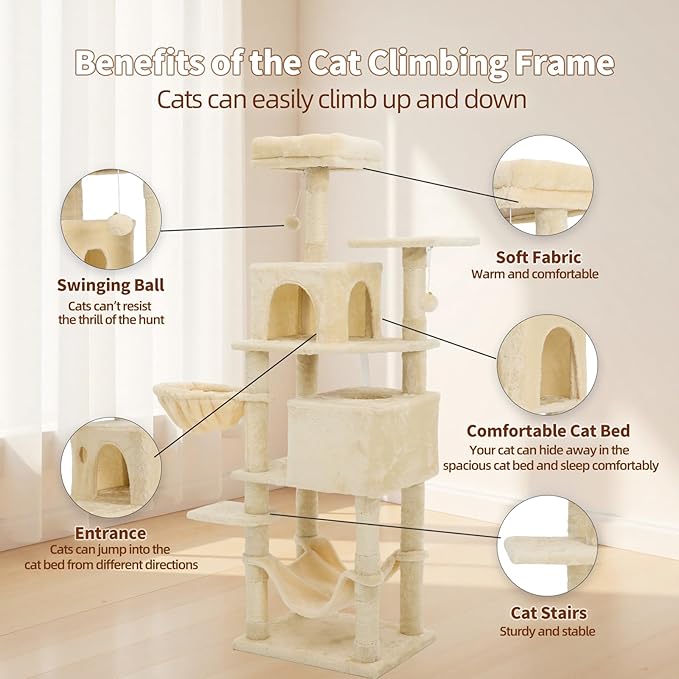 61 Inch Cat Tree with Platform & Hammock, Plush Perch Scratcher & Playhouse for Indoor Cats(Beige)