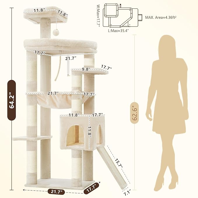 Heybly Heavy Duty Cat Tree, 64.2-Inch Tall Tower for Large Indoor Cats with Widened Structure, Cat Furniture with Big Platforms, Extra-Large Hammock, Sisal Scratching Posts & Board, Beige HCT027M