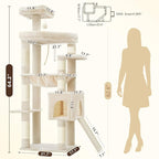 Heybly Heavy Duty Cat Tree, 64.2-Inch Tall Tower for Large Indoor Cats with Widened Structure, Cat Furniture with Big Platforms, Extra-Large Hammock, Sisal Scratching Posts & Board, Beige HCT027M