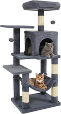 Tangkula Cat Tree Tower, 44 Inch Multi-Level Cat Tower with Sisal Scratching Posts, 2-Door Condo, Padded Top Perch & Hammock, 2 Hanging Balls, Jumping Platforms for Indoor Cats (Gray)