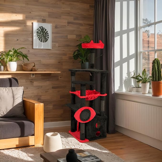 Gothic Halloween Cat Tree Tower, 5-Level Cat Furniture with Scratching Posts, Spider Toy, Condo & Perch for Indoor Cats, Black Red Large Cat Tower