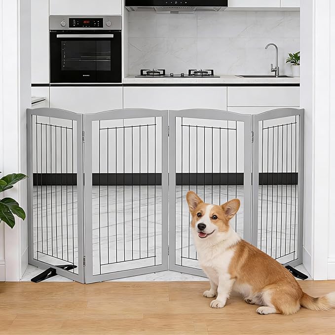 Dog Fence Indoor,Dog Gate Indoor for Doorway pet gate -4-Panel Freestanding, Hallways, House or Stairs -80x32-Inch Retractable Foldable Expandable Wood Pet by SFJC (Grey) ﻿