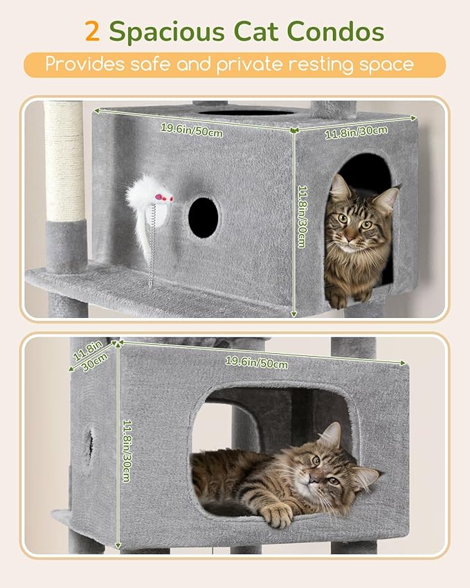 Globlazer Heavy Duty Cat Tree Tower 80in Tall Extra Large Cat Tree Tower for Multiple Indoor Cats Large Adult with Scratching Posts, 2 Spacious Condos, Padded Perches, Soft Hammock, S80B, Light Grey