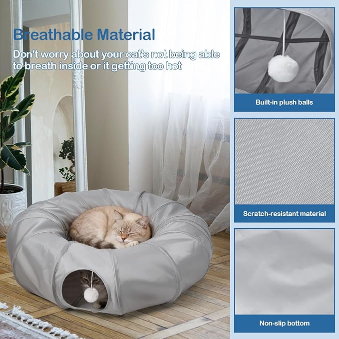 Cat Tunnel Bed with 20 Pcs Interactive Toys, 3-in-1 DIY Collapsible Plush Cat Tube with Washable Mat, Large Indoor Play Tunnel Cave for Kittens and Small Animals