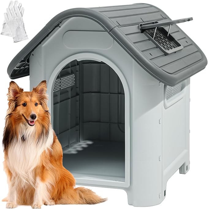 DWVO 39.4'' Plastic Foldable Dog House for Small, Medium, and Large Dogs, Waterproof Folding Pet House with Adjustable Top Window and Elevated Base (39.4''L x 33.5''W x 37.8''H)