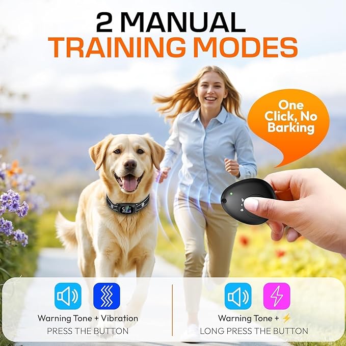 2in1 Bark Collar for Large Medium Small Dogs Shock Collar Smart Rechargeable Anti Stop Barking Device Training Collar Automatic and Manual Mode with Remote Tag Beep Vibrartion Shock for All Breeds