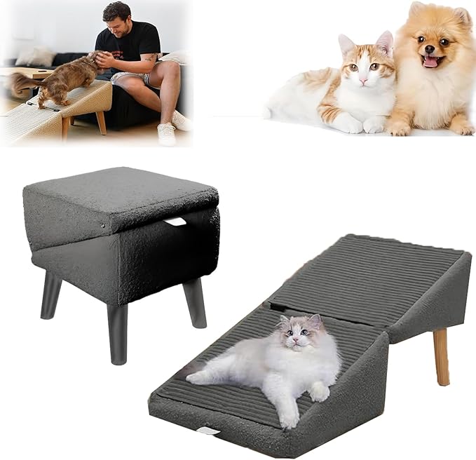 Split Ottoman Dog Ramp, 14.5" H Dog Chair with Ramp for Bed, Folding DogStairs, for Large and SmallDogs, 2-in-1 Lightweight Pet Steps (Gray, Large)