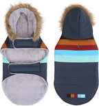 HDE Dog Puffer Jacket Fleece Lined Warm Dog Parka Winter Coat with Harness Hole Navy Retro Stripe - XXL
