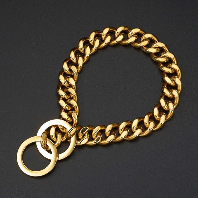 Dog Chain Collar Gold/Silver Stainless Steel 12mm Wide Cuban Curb Link Chain Dogs Necklace Walking Training Collars for Large Medium and Small Dogs 12-26 inches (Gold, 14inch)