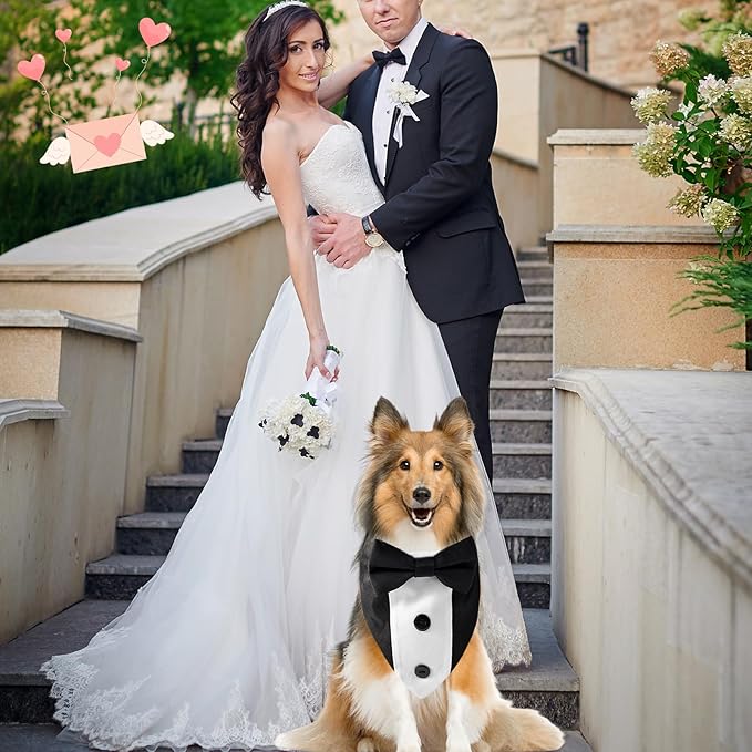 Dog Tuxedo Bandana Collar with Bow Tie, Adjustable Formal Suit Costume for Small Medium Large Dogs, Wedding Engagement Birthday Pet Outfit (Large)