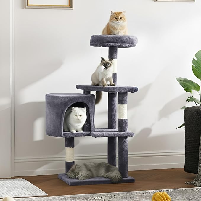 ‌Dopinmin 36" Winter Cat Tree - Plush Multi-Level Indoor Cat Tower with Sisal Scratching Posts & Ramp Plush Condo for Kittens,Light Gray