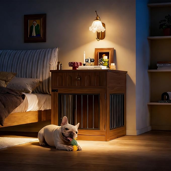 IRONCK Dog Crate Furniture, Wooden Dog Crate with Drawer and Flip-Top Storage, Indoor Dog House End Table for Small Breeds, for Living Room, Bedroom, Walnut