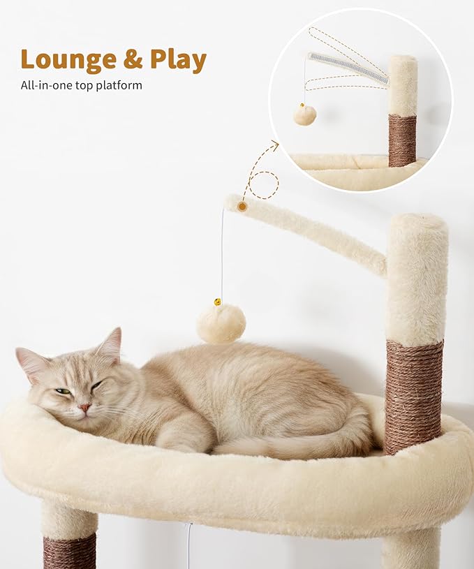 Heavy Duty Cat Tree for Indoor Cat, 74 Inch Cat Tower with Scratching Post, Hanging Basket, Cat Condo with Large Platform for Large Cats, PMT04BW, Beige