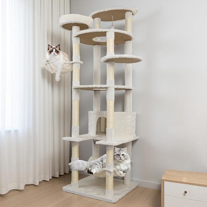 Beige 78in Heavy Duty Cat Tree, Cat Tree Tower for Indoor Cats Large Adult, Extra Cat Tower with 12 Sisal Scratching Post, Large Top Platform, Hammock, Cat Condo for Kittens