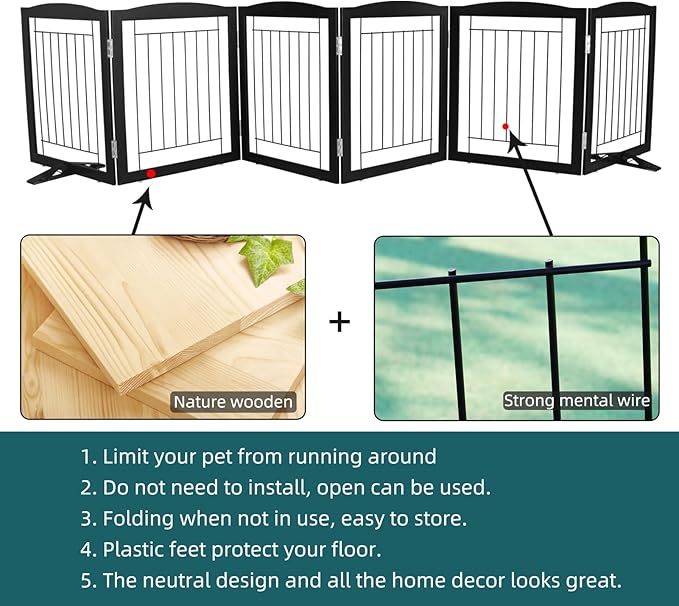 Dog Fence Indoor,Dog Gate Indoor for Doorway pet gate -6-Panel Freestanding, Hallways, House or Stairs -120x24-Inch Retractable Foldable Expandable Wood Pet by SFJC (Black) ﻿