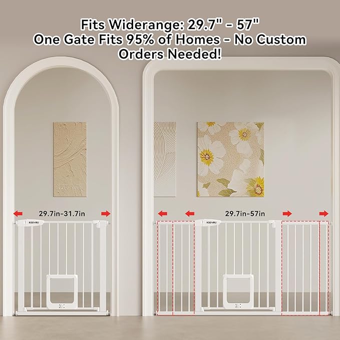 30 Inch Tall Dog Gate with Cat Door, Adjustable Width (29.7-57 Inches) for Doorways, Hallways & Stairs, Pressure-Mounted Walk-Through Dog Gate with Auto-Close & Double Lock Safety（White）