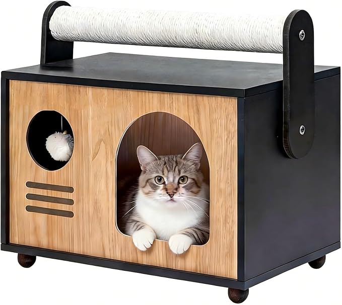 Ecove Family Cat House for Indoor Cats, Modern Wooden Cat Cave Condo with Scratching Posts, Washable Cushion, Durable Cat Furniture, Bed for Small and Medium Cats