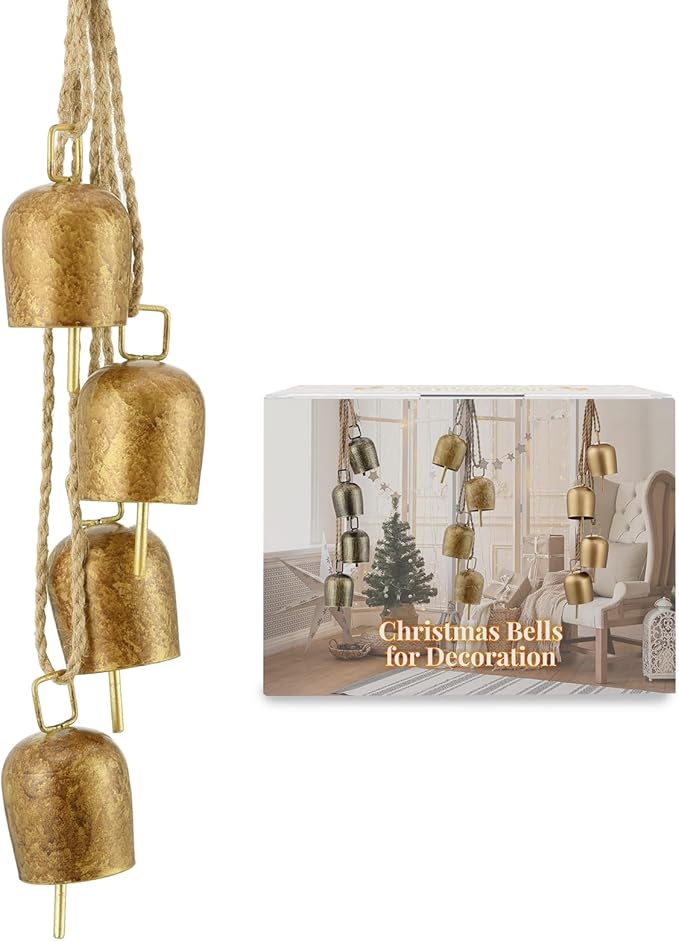 Gold Metal Vintage Bells with Jute Hanging Rope, Decorative Cow Bell for Weddings, Parties, and Christmas Wreaths, 1.7W x 2.8H