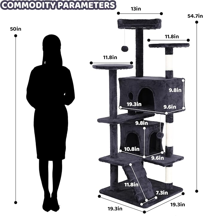 54" Cat Tree, Cat Tower for Indoor Cats, Cat Jumping Platform & Cat Scratching Post, Cat Condo with Spacious Cat Bed Cave & Hidden Space, Dark Gray