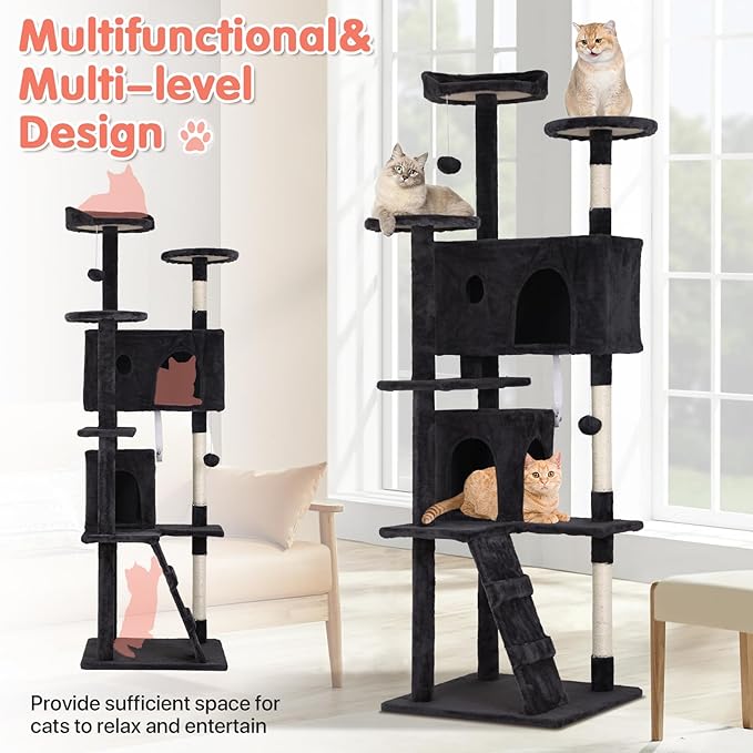 Cat Tree with Scratching Post,Cat Tower House for Indoor Large Adult Cats Kittens,21x21x70in Multi-Level Activity Cat Cando Furniture,Dark Grey