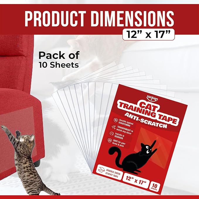 Ronton Cat Scratch Furniture Protector – Double Sided - Anti Cats Scratching Sticky Tape - No-Residue for Couch, Doors & Walls - 10 Sheets - XL 17" L 12" W Furniture Protectors – Clear Training Tape