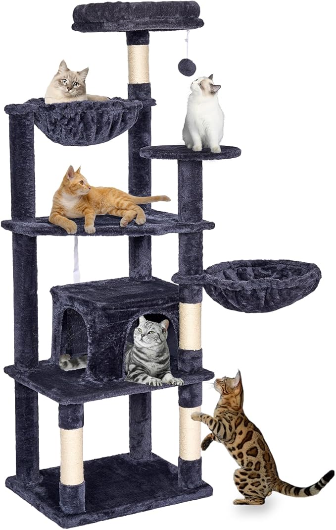 Tall Cat Tree,63 Inch Cat Tower for Indoor Adult Cats,Large Cat Stand with Scratching Post,2 Baskets,Plush Perch,Dark Gray