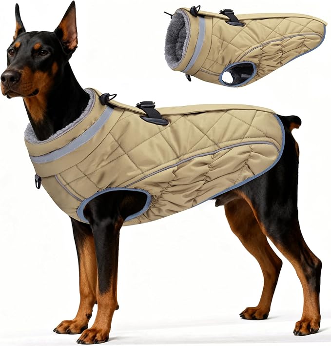 Dog Coat, Warm Dog Winter Coat for Large Dogs, Waterproof Jacket with Harness Built in, Reflective Turtleneck Cold Weather Coats with Zipper,Pet Fleece Vest Snow Jacket, Brown XXL