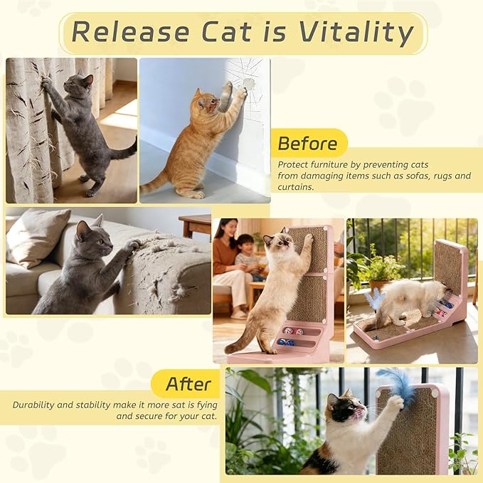 Cat Scratcher Cat Scratch Pad L Shape Wall Mounted Dual Use (Vert/Horiz) Kitten Bunifa Scratching Card Board Vertical Post with Ball Toys Feathers,Protecting Furniture Core is Replaceable Large Pink