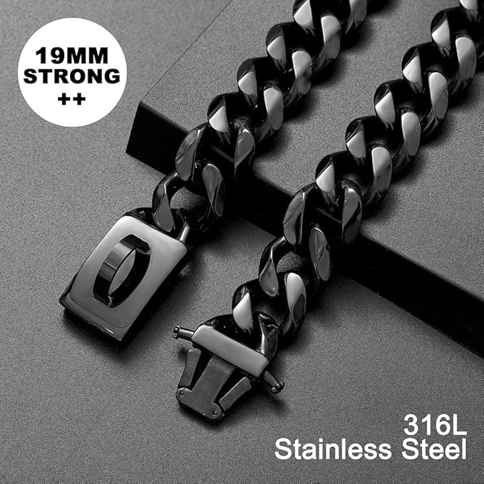Dog Chain Collar Walking Training Collar with Design Secure Buckle 19MM Black Cuban Link Strong Heavy Duty Chew Proof Chain(19MM, 16")