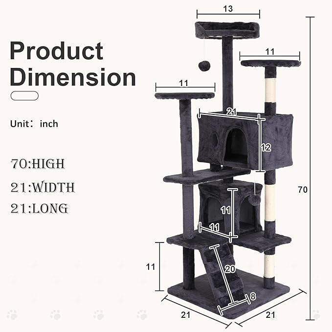 70" Multi-Level Cat Tree Tower with Scratching Posts, Toys & Condo - Space-Saving Design for Indoor Kittens, Compact Floor Footprint & Vertical Space for Multi-Cat Homes-Light Grey