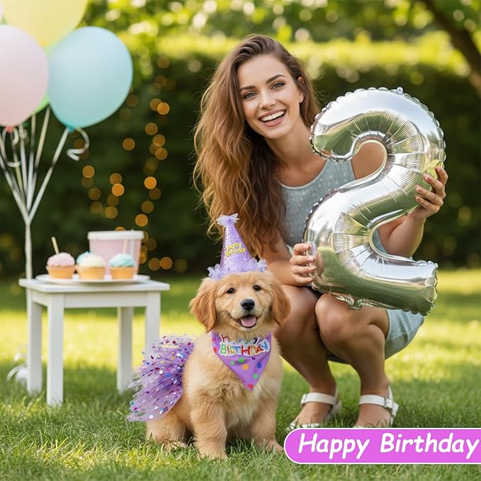 2 Pack Dog Birthday Dress Girl Dog Birthday Bandana with Hat and Dress Girl Set Puppy Party Supplies, Cute Tutu Skirt Outfit for Small Medium Large Dogs Decorations (Purple)