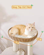 Yaheetech 36in PE Rattan Cat Tree with Big Perch, Breathable Woven Condo, Extra Long Sisal Scratching Post, Washable Cushion, Natural Cooling Design for Indoor Large Kittens, Beige