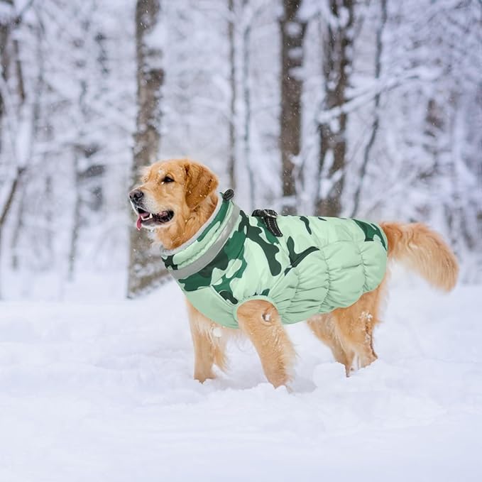 Lelepet Warm Dog Winter Coat Dog Coats for Large Dogs Waterproof Dogs Jacket with Harness Built in Reflective Cold Weather Coats Zip-Up Winter Fleece Vest Snowsuit Boston Terrier Mint Green Camo L