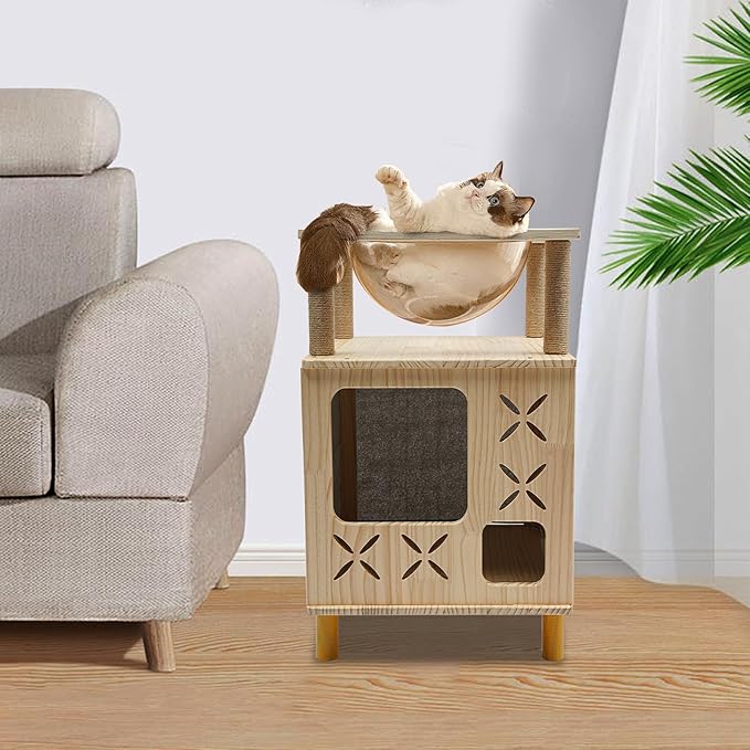 Modern Cat Tree with Ventilated Design & 360° View Capsule, 2-Story Cat Tower with Perch, Natural Wood Climber for Indoor Cats, Linen & Sturdy Build