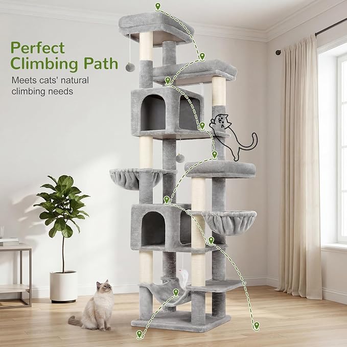 Globlazer 82 Inch Cat Tree for Large Cats, Multi-Level Tall Cat Tower for 4+ Cats with 2 Condos & 3 Perches, Stable No-Wobble Large Base, Space-Saving Corner Furniture, F82B, Light Gray
