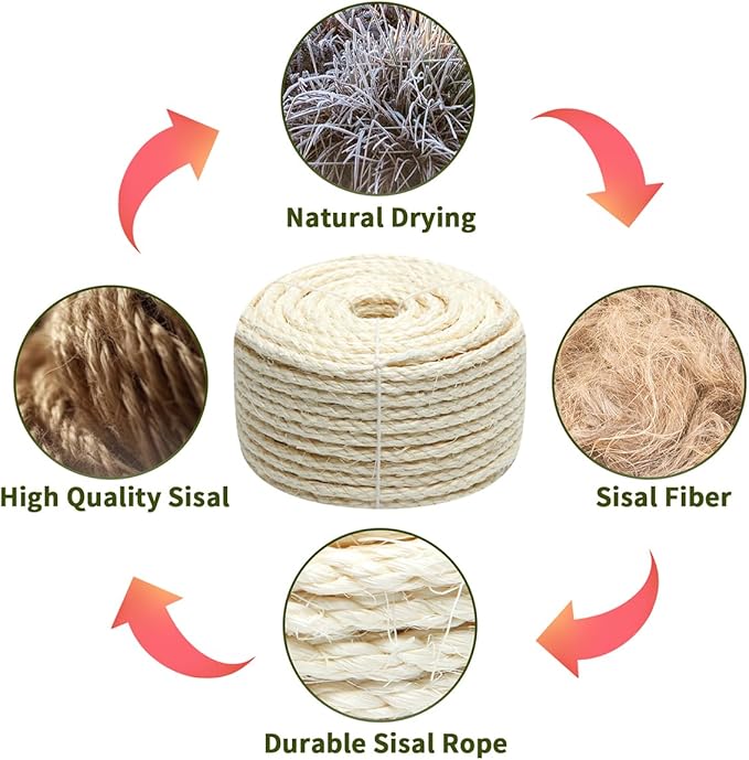 Natural Sisal Rope 1/4 Inch 6mm 98-Feet for Cat Scratching Post Tree Tower Replacement Repair and Replace, DIY Hemp Twine Rope for Cat Scratching Furniture Window Perch and Crafts Gardening